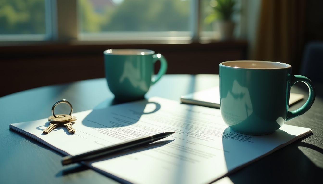 Two coffee mugs and a signed lease under teal light on dark wood — lease and housemate guide