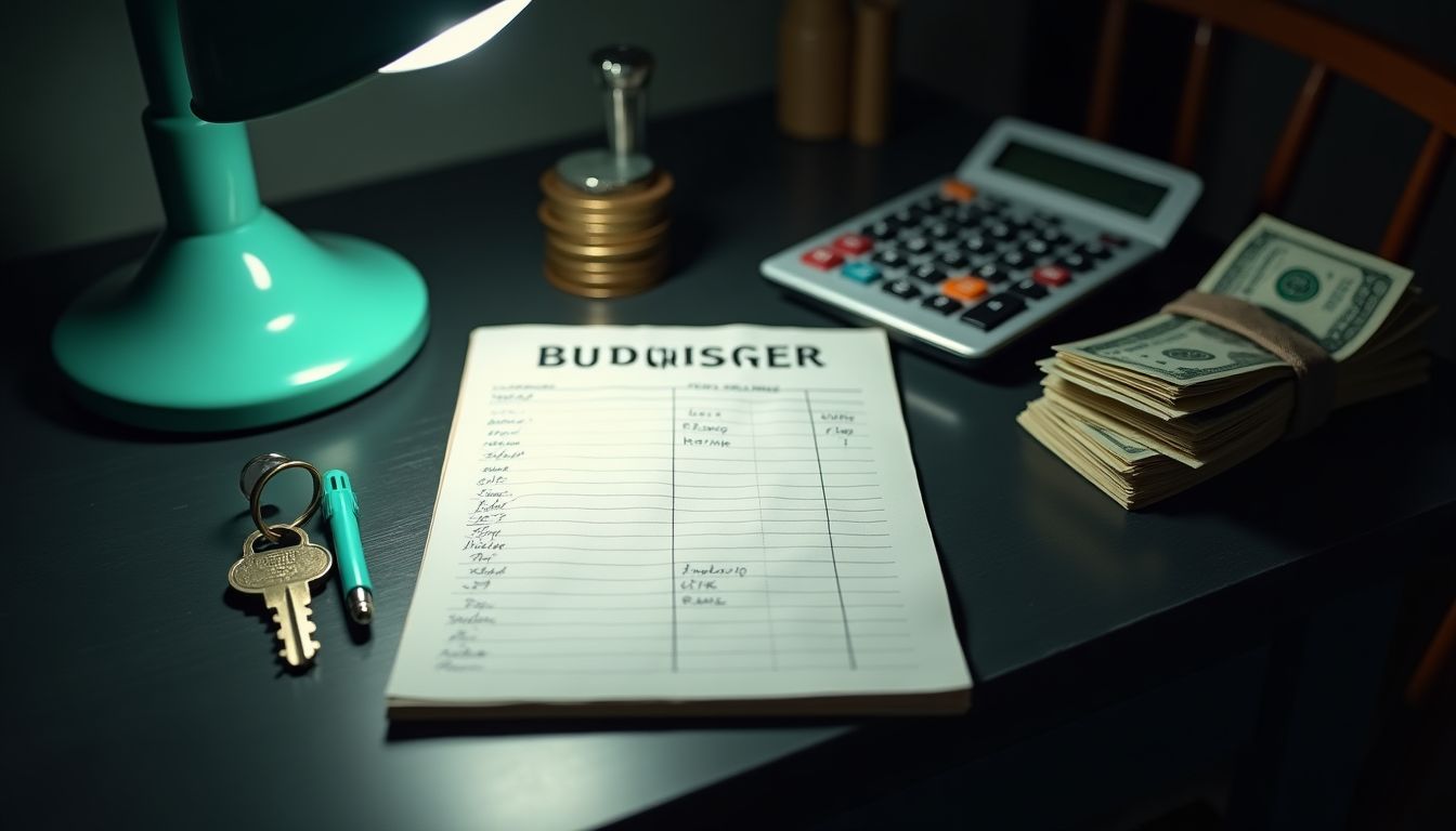 A neat rent ledger with a teal key on a dark desk — rent budgeting guide