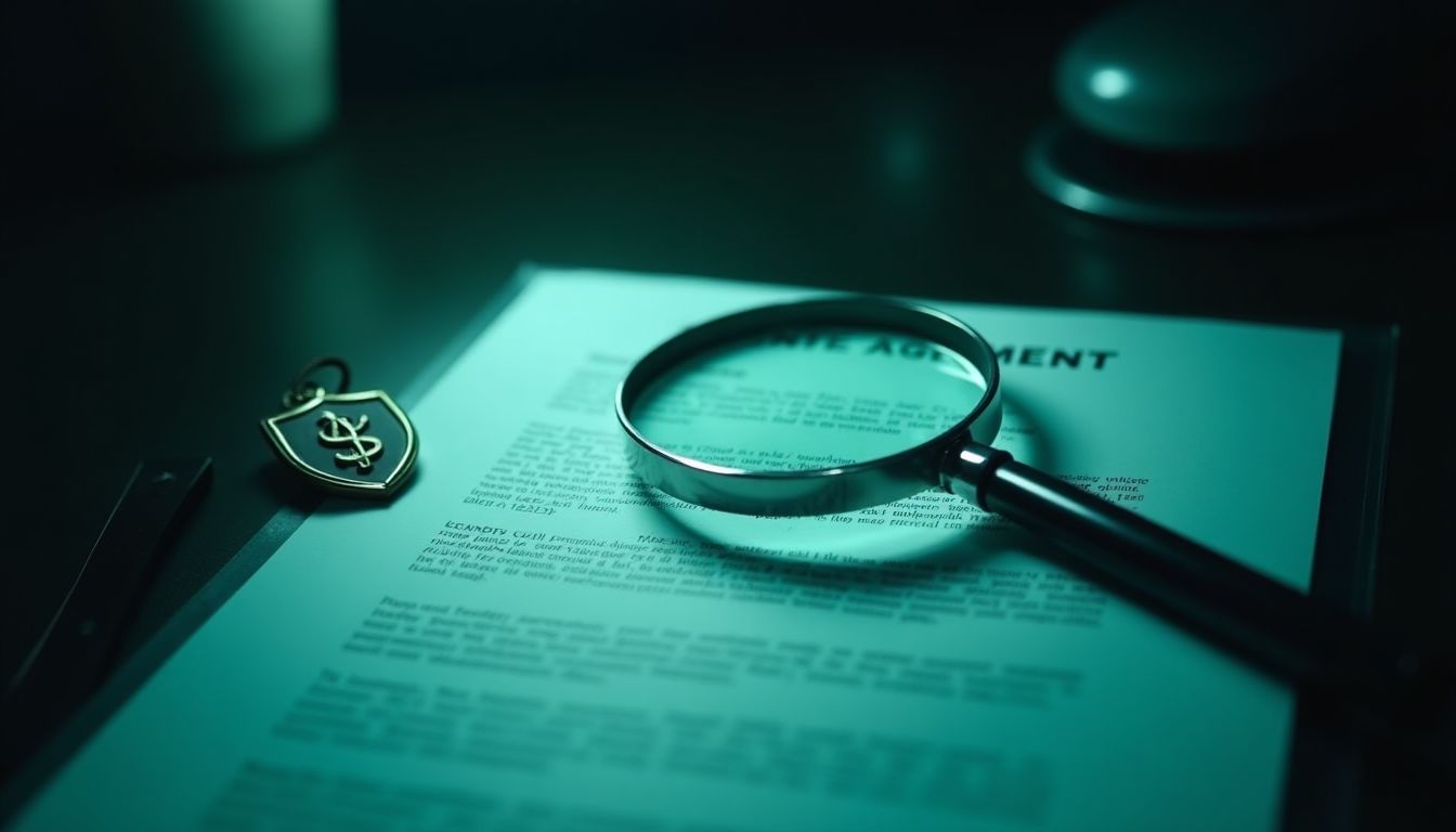 A glowing teal shield over a rental agreement — tenant rights and scam protection